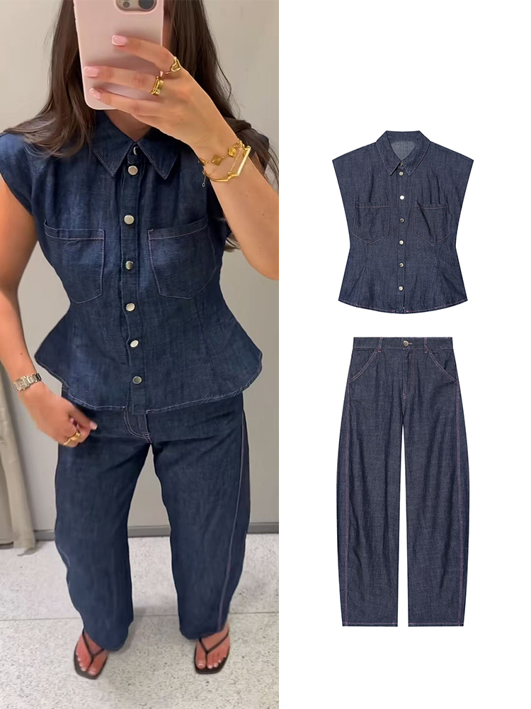Shoulder Pad Set In - TFMLN Women Denim Pant Set Chic