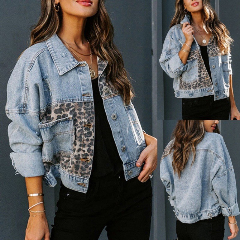 Leopard Stitching Denim Jacket - Sewing Jackets review and price